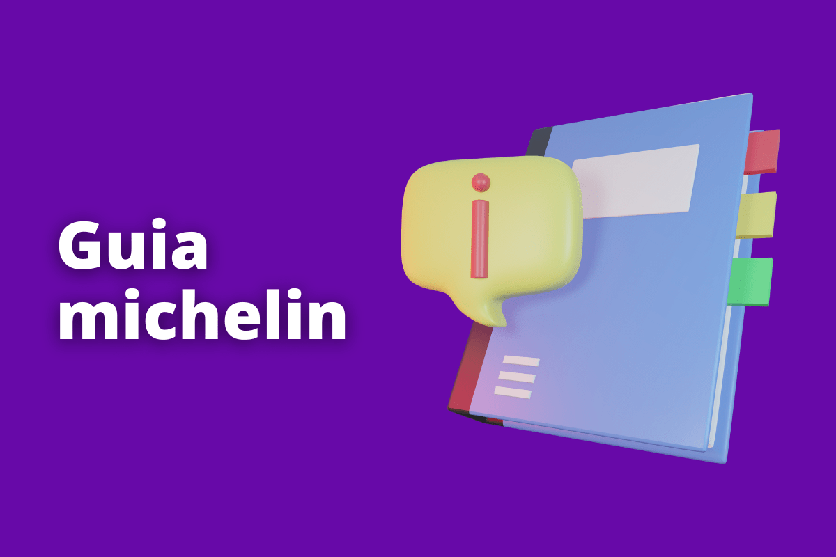 caderno com um símbolo do exclamação do lado. O fundo da imagem é roxo e tem-se escrito guia michelin