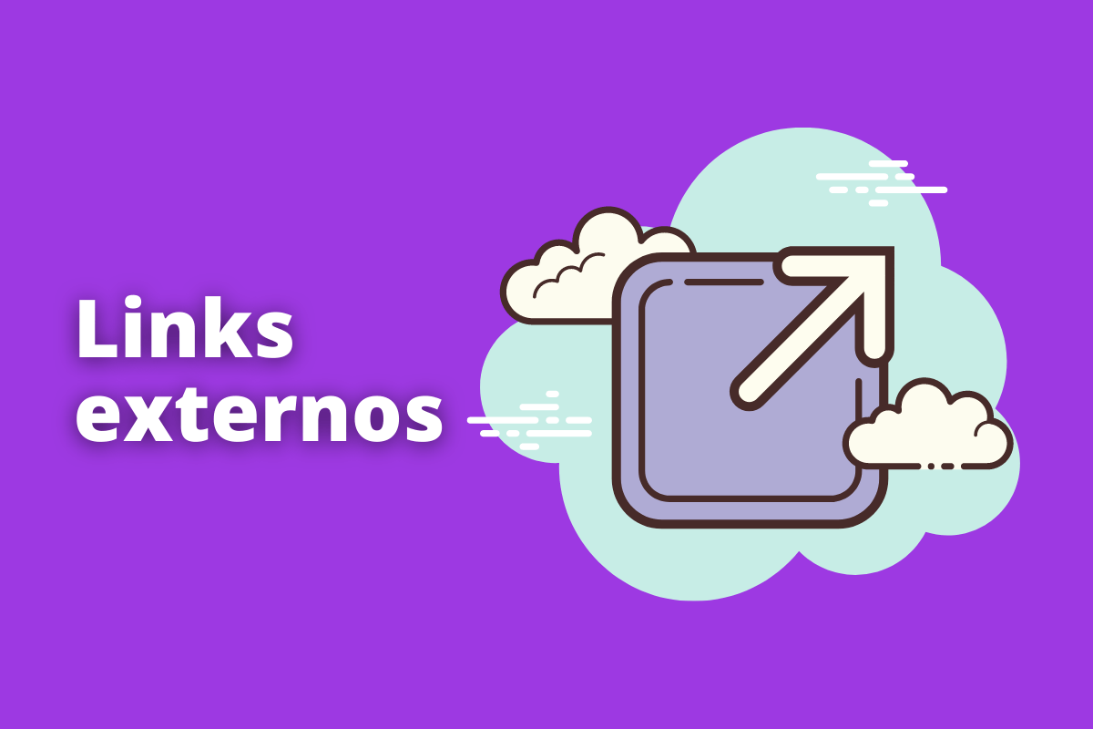 quadrado com um seta no canto rodeado por nuvens. O fundo da imagem é roxo e tem-se escrito links externos