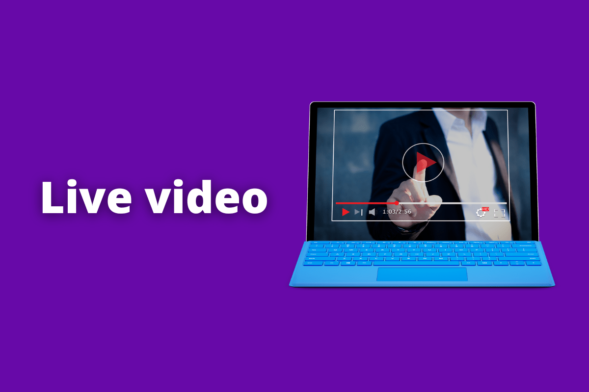 notebook reproduzindo um video. O fundo da imagem é roxo e tem-se escrito live video
