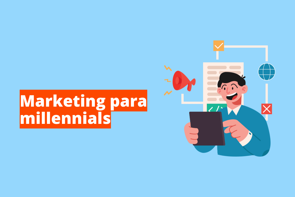 Marketing para millennials: A imagem mostra um desenho de uma pessoa usando um tablet e com várias informações da internet ao redor dele. O fundo da imagem é azul claro e tem - se escrito Marketing para Millennials.