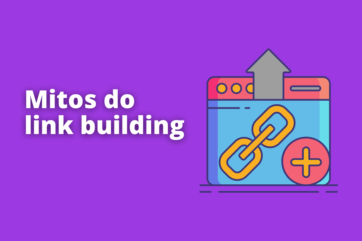 tela de dispositivo mostrando o símbolo de link. O fundo da imagem é roxo e tem-se escrito mitos do link building