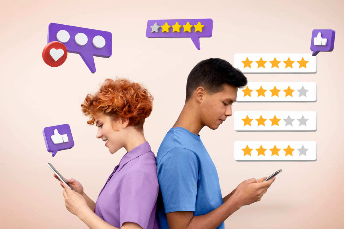 pesquisa de satisfação: net promoter score duas pessoas de costas uma para outra, respondendo uma pesquisa de satisfação