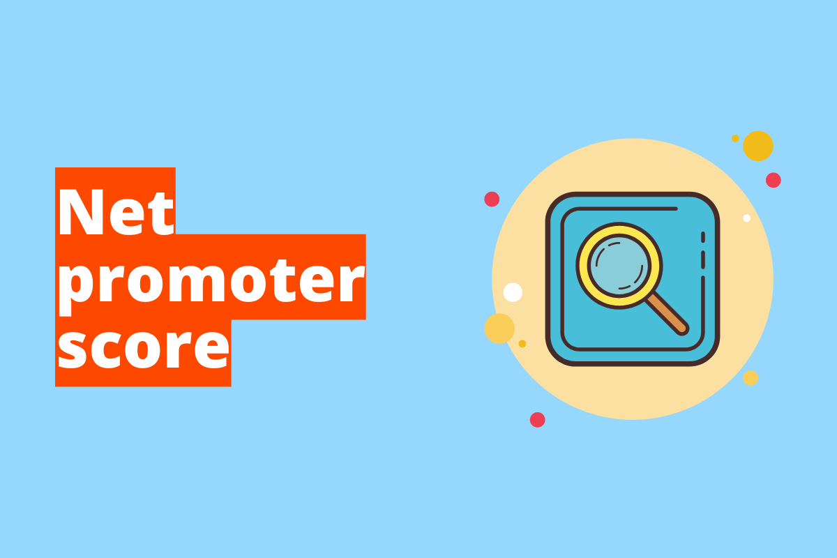 quadrado com lupa no meio. O fundo da imagem é azul e tem-se escrito net promoter score