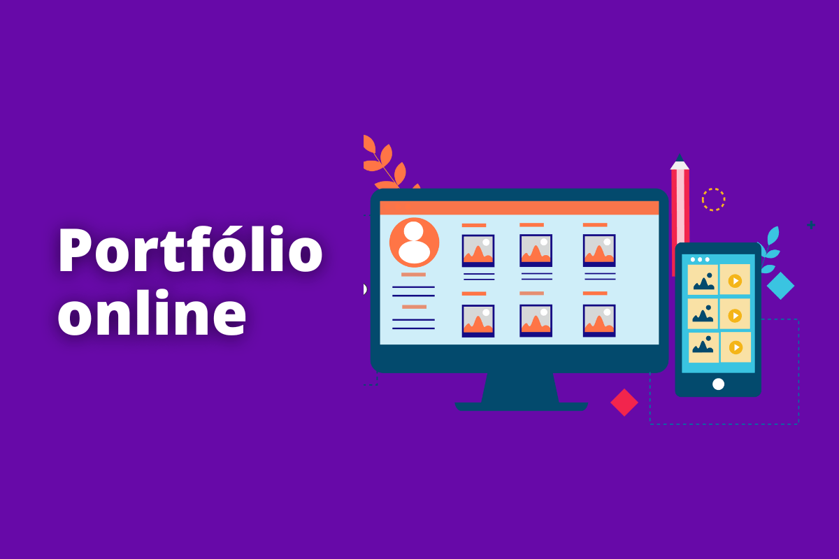 Portfólio online: A imagem é um desenho e mostra a tela de uma computador mostra algo no estilo de currículo e ao lado um smartphone com o mesmo tema na tela. O fundo da imagem é roxo e tem - se escrito Portfólio online.