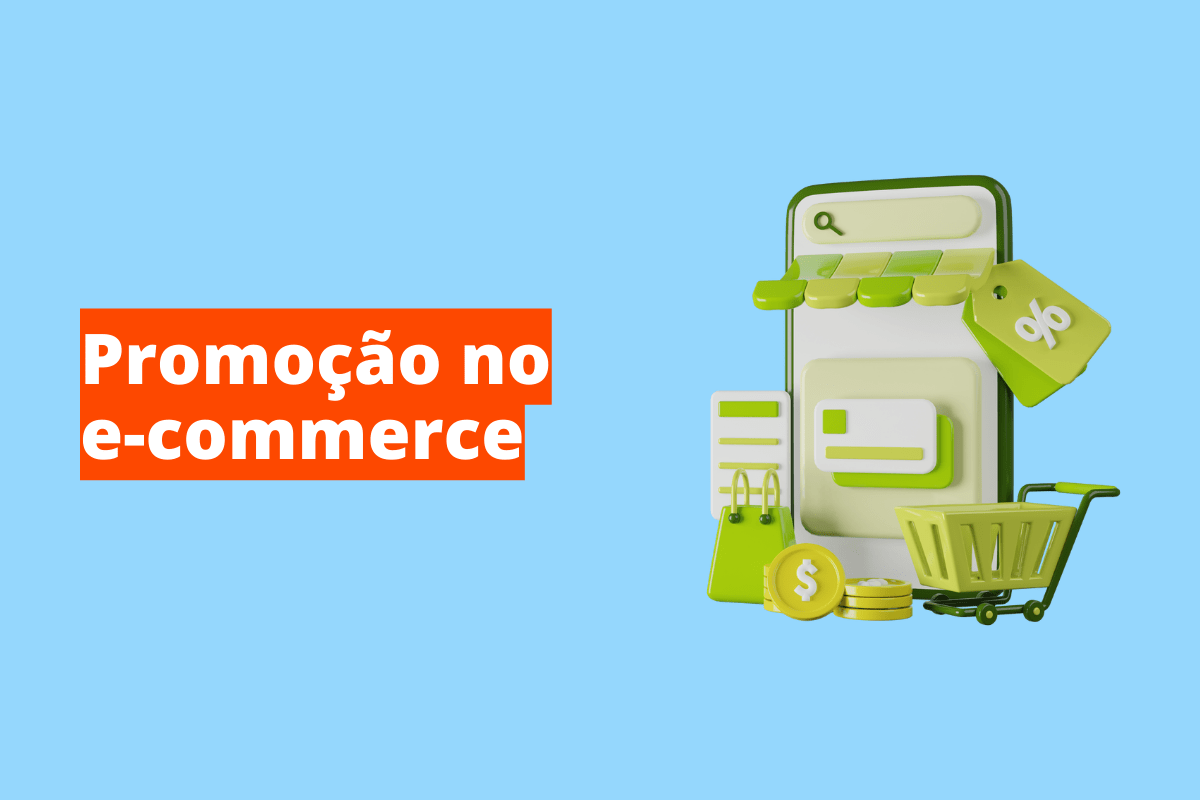 carrinho de compras do lado de um telefone, representando um e-commerce. O fundo da imagem é azul e tem-se escrito promoção no e-commerce