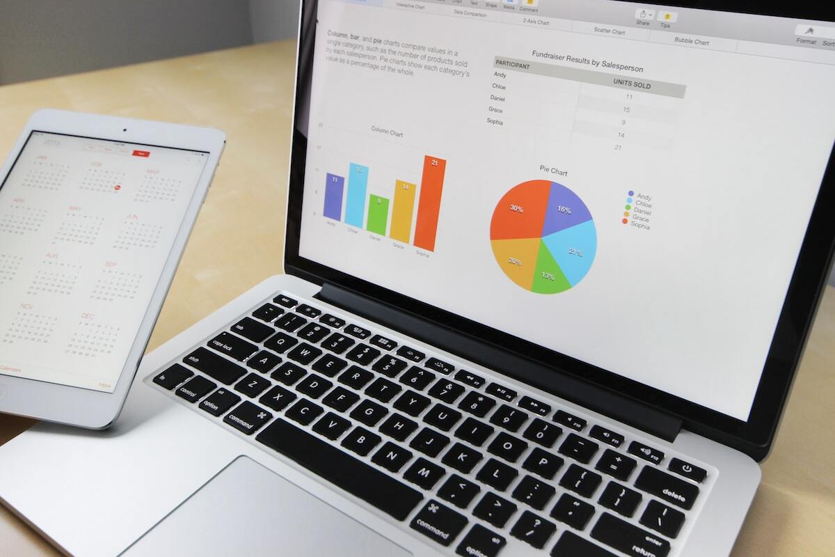 tablet e notebook: publicidade e marketing notebook com tela mostrando vários gráficos e, do lado, um tablet mostrando o calendário