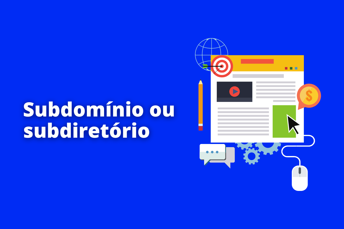 imagem mostrando como seria uma página online. O fundo da imagem é azul e tem-se escrito subdomínio ou subdiretório