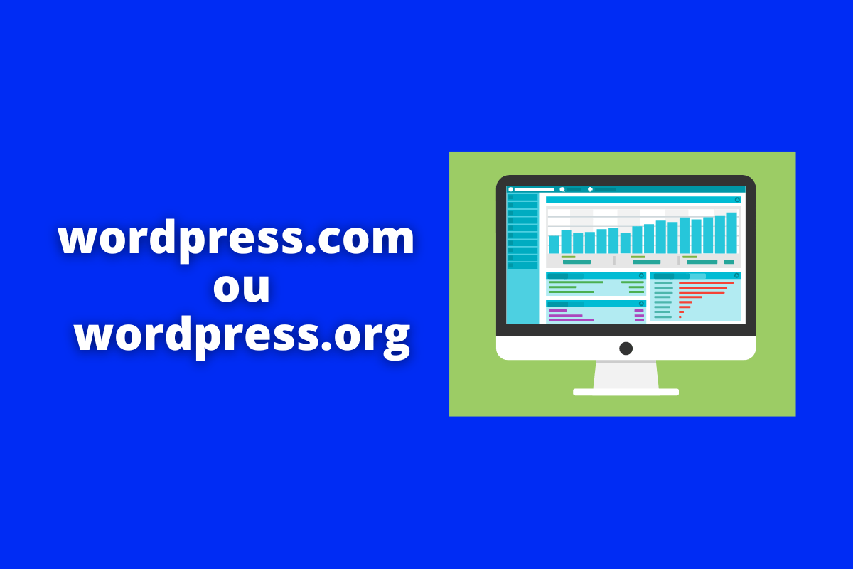 worpress.com ou wordpress.org: A imagem mostra um desenho de uma tela de computador. O fundo da imagem é azul e tem - se escrito wordpress.com ou wordpress.org