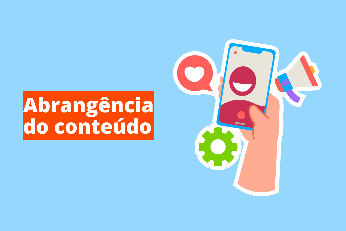 Montagem com fundo azul e frase Abrangência do conteúdo em branco à esquerda com fundo laranja e símbolo web que representa o tema à direita