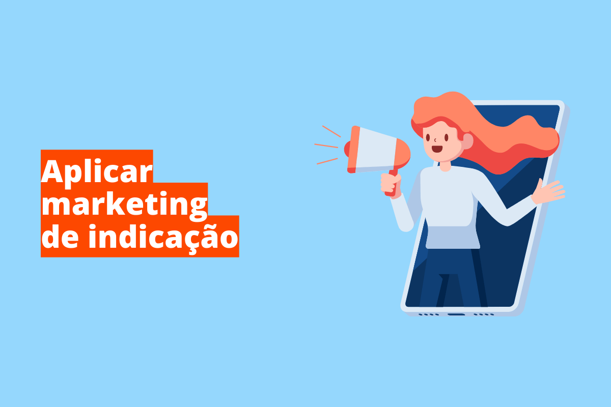 Montagem com fundo azul e frase Aplicar marketing de indicação de marketing em branco à esquerda com fundo laranja e símbolo web que representa o tema à direita