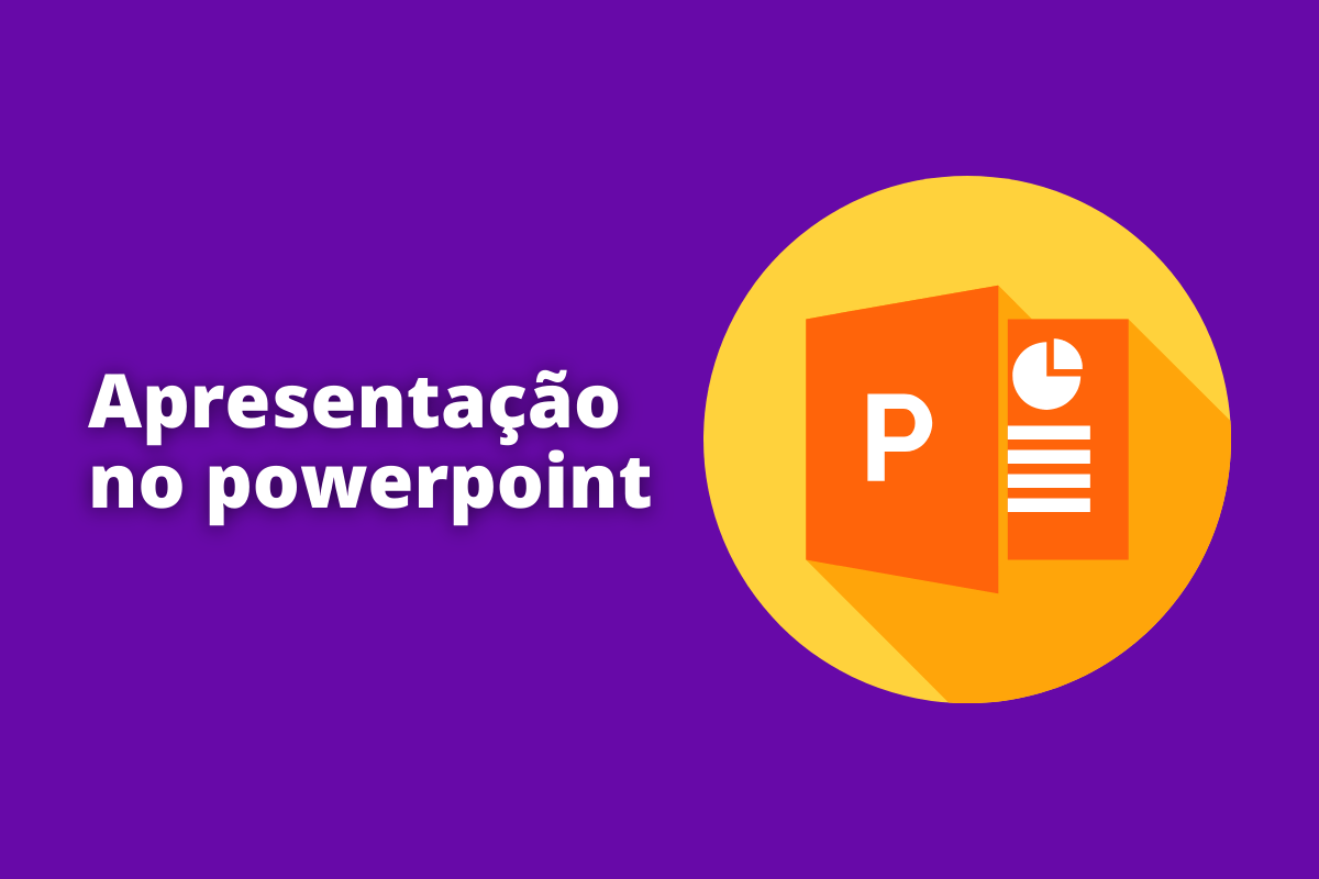 Montagem com fundo roxo e frase Apresentação no powerpoint em branco à esquerda e foto do mesmo à direita