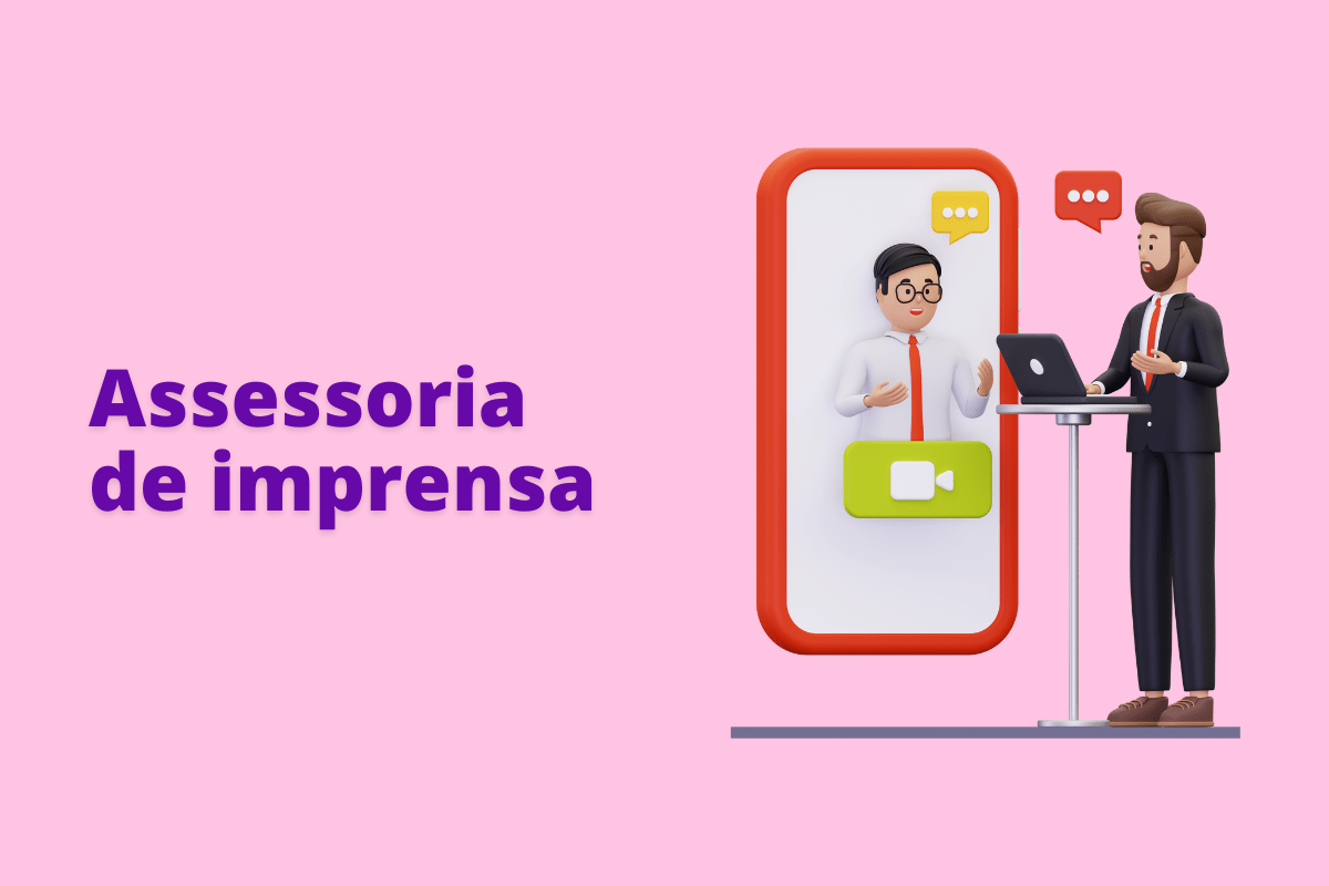 Montagem com fundo rosa e frase Assessoria de imprensa em roxo à esquerda e símbolo web que representa o tema à direita