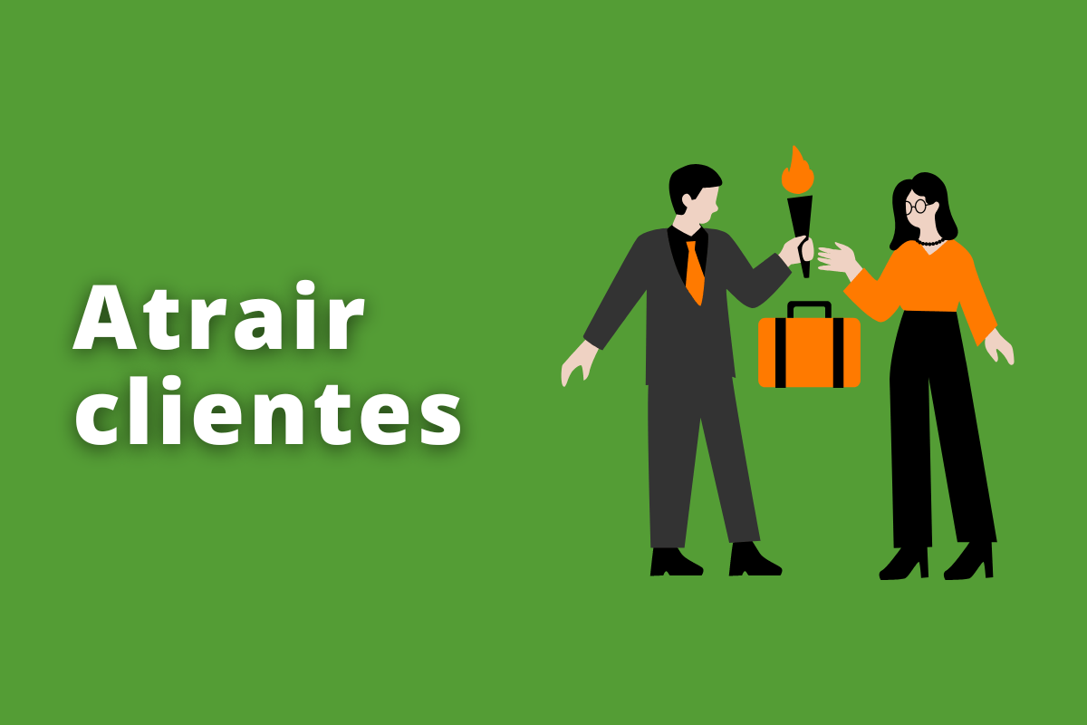 Montagem com fundo verde e frase Atrair clientes em branco à esquerda e símbolo web que representa o tema à direita