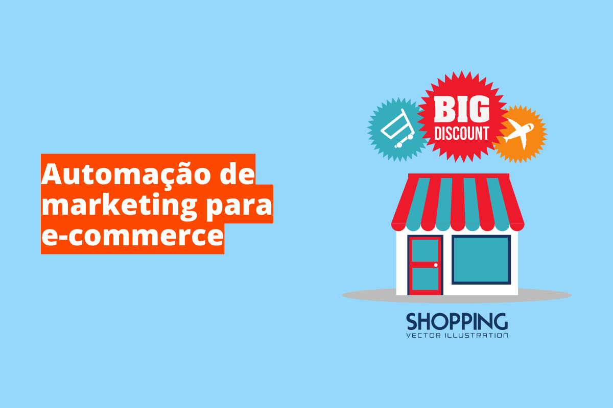 Montagem com fundo azul e frase Automação de marketing para e-commerce de marketing em branco à esquerda com fundo laranja e símbolo web que representa o tema à direita