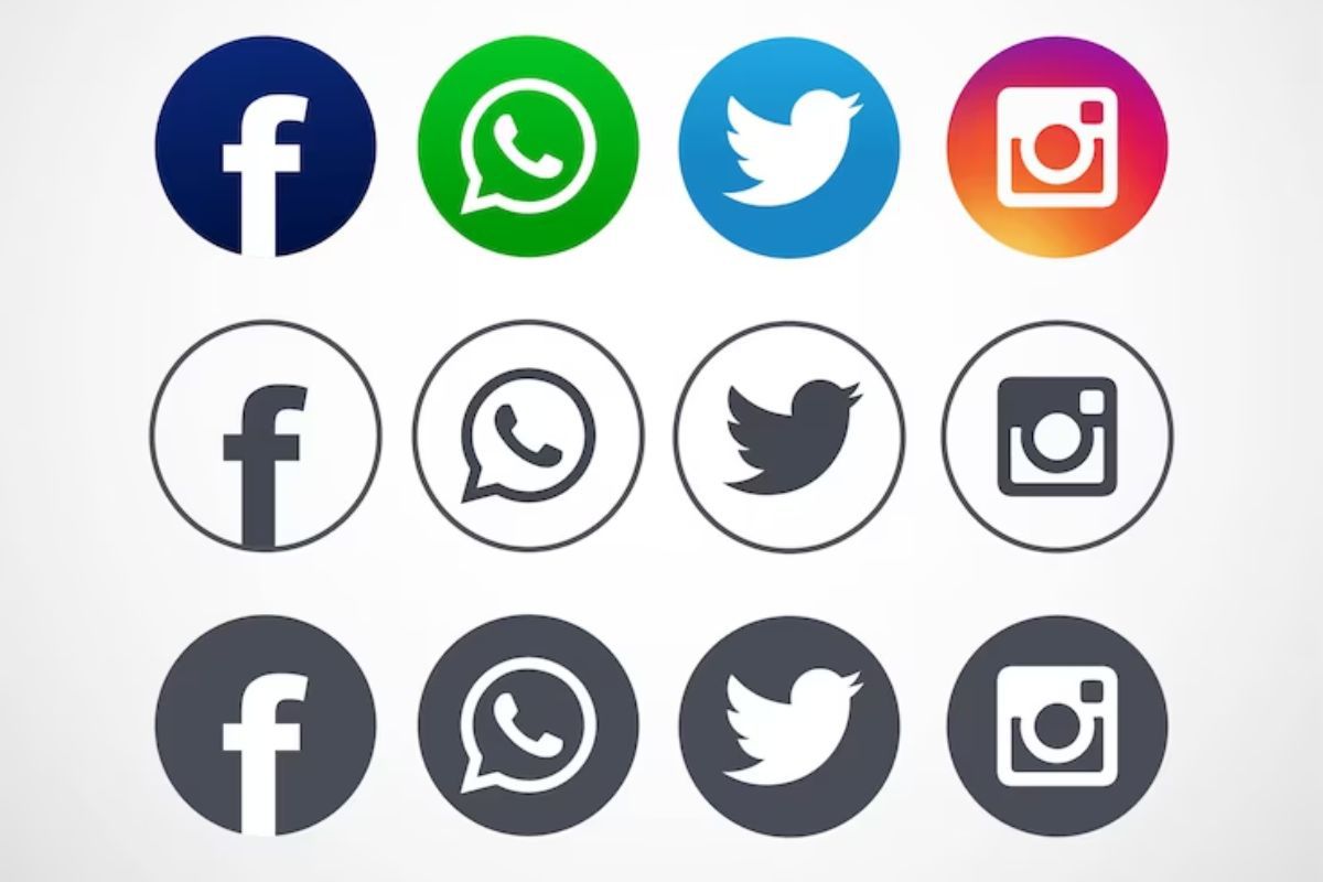 Aplicativos: Backlinks em redes sociais Montagem com símbolos coloridos e em preto e branco das redes sociais Facebook, Whatsapp, Twitter e Instagram