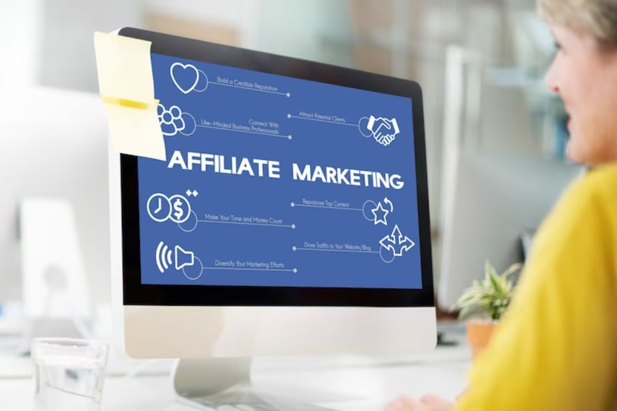 Senhora usando computador com tela mostrando imagem com título Affiliate Marketing e diversos tópicos que dizem respeito ao tema em trabalho sobre mesa branca e copo de água de vidro transparente à sua esquerda