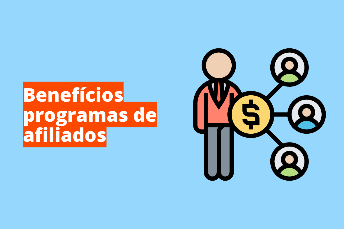 Montagem com fundo azul e frase Benefícios programas de afiliados em branco à esquerda com fundo laranja e símbolo web que representa o tema à direita