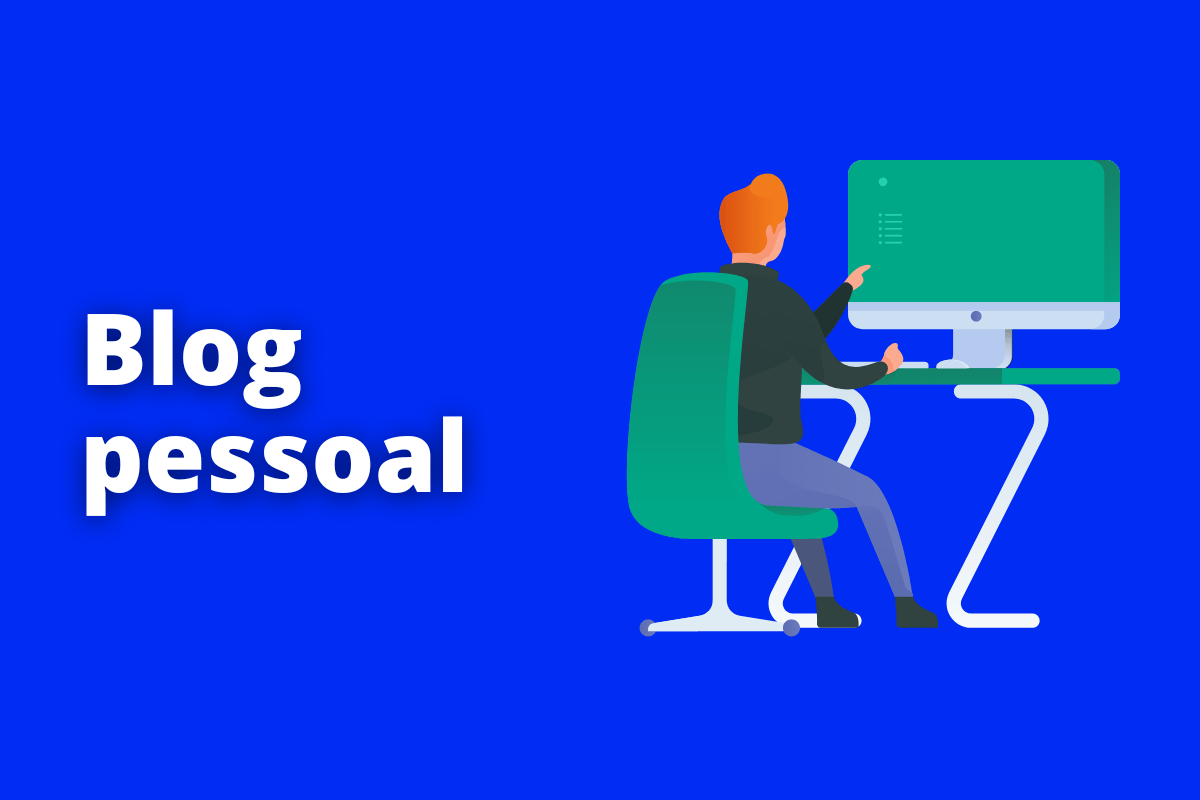 Montagem com fundo azul e frase Blog pessoal em branco com símbolo web à direita que representa o tema
