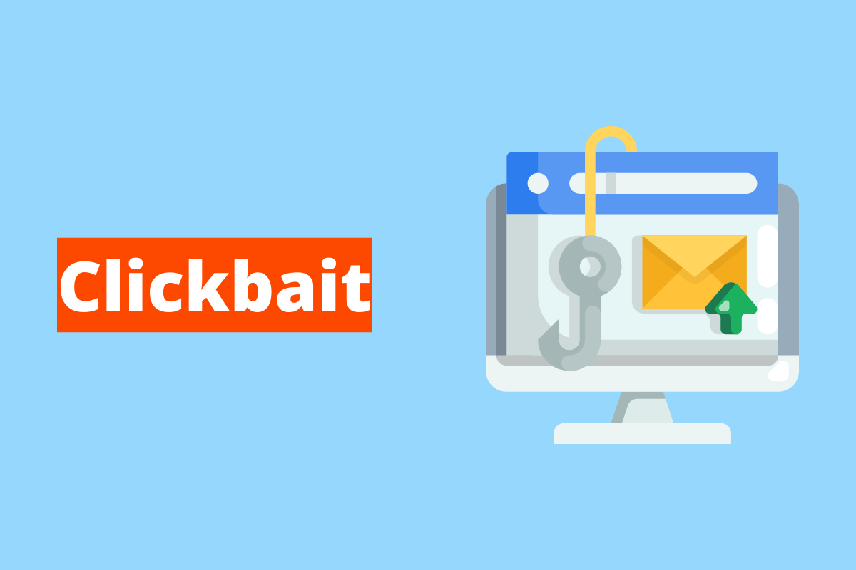 Montagem com fundo azul e nome Clickbait em branco à esquerda com fundo laranja e símbolo web que representa o tema à direita