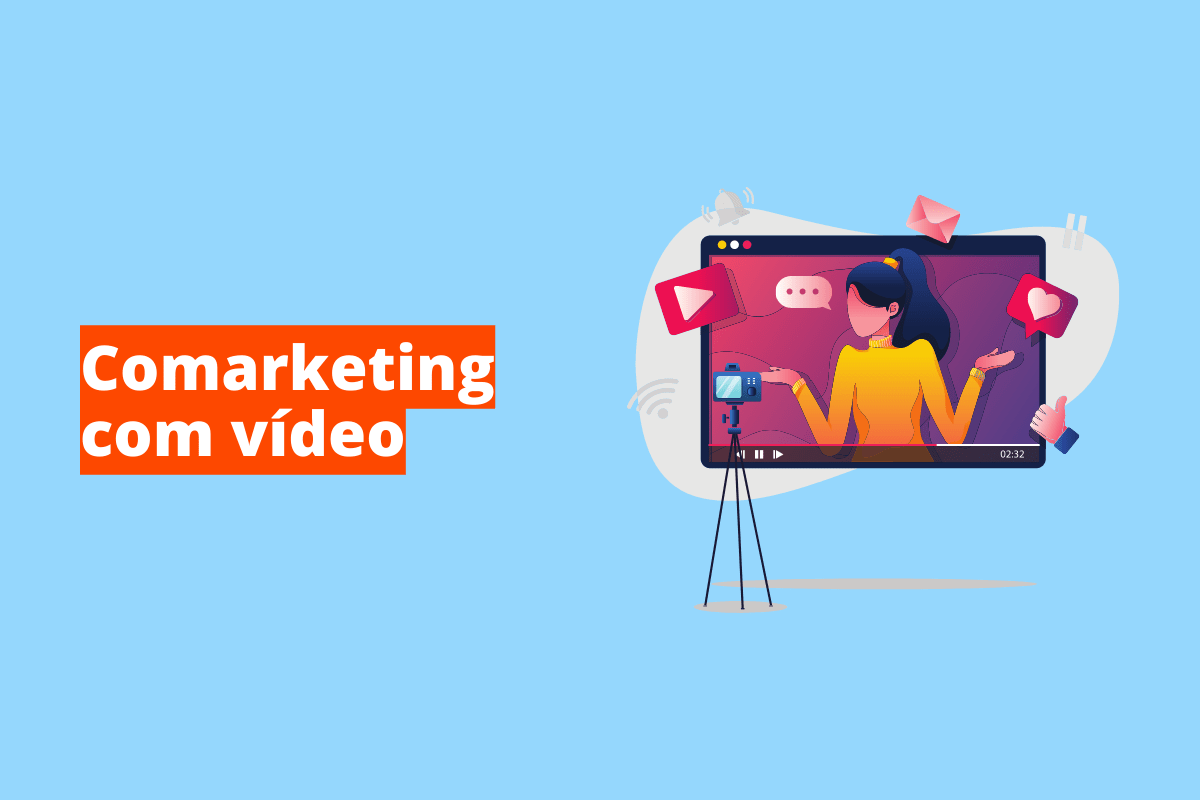 Montagem com fundo azul e frase Comarketing com vídeo em branco à esquerda com fundo laranja e símbolo web que representa o tema à direita