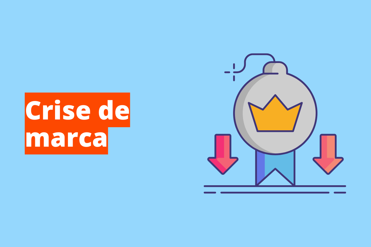 Montagem com fundo azul e frase Crise de marca em branco à esquerda com fundo laranja e símbolo web que representa o tema à direita