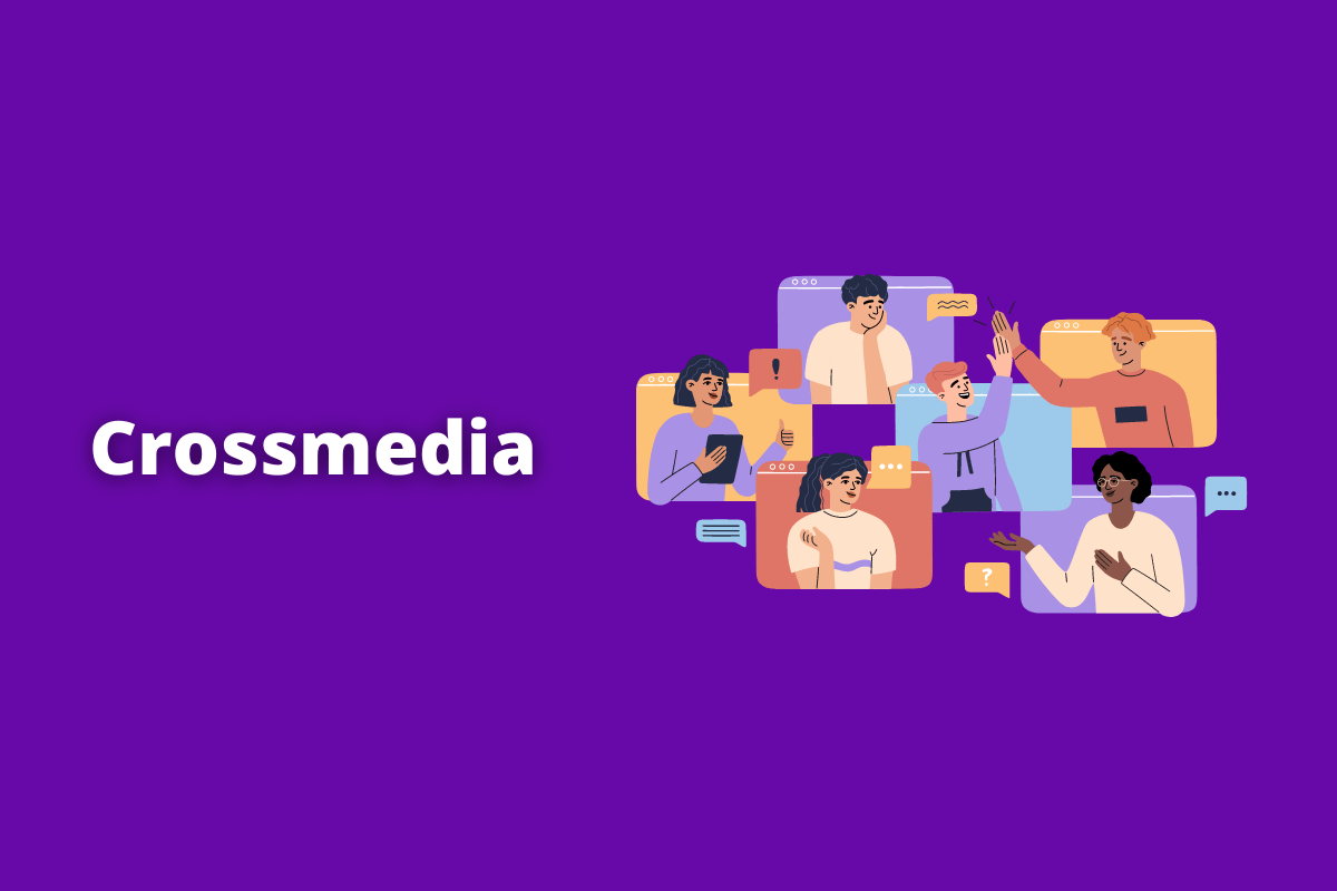 Montagem com fundo roxo e nome Crossmedia em branco à esquerda e símbolo web que representa o tema à direita