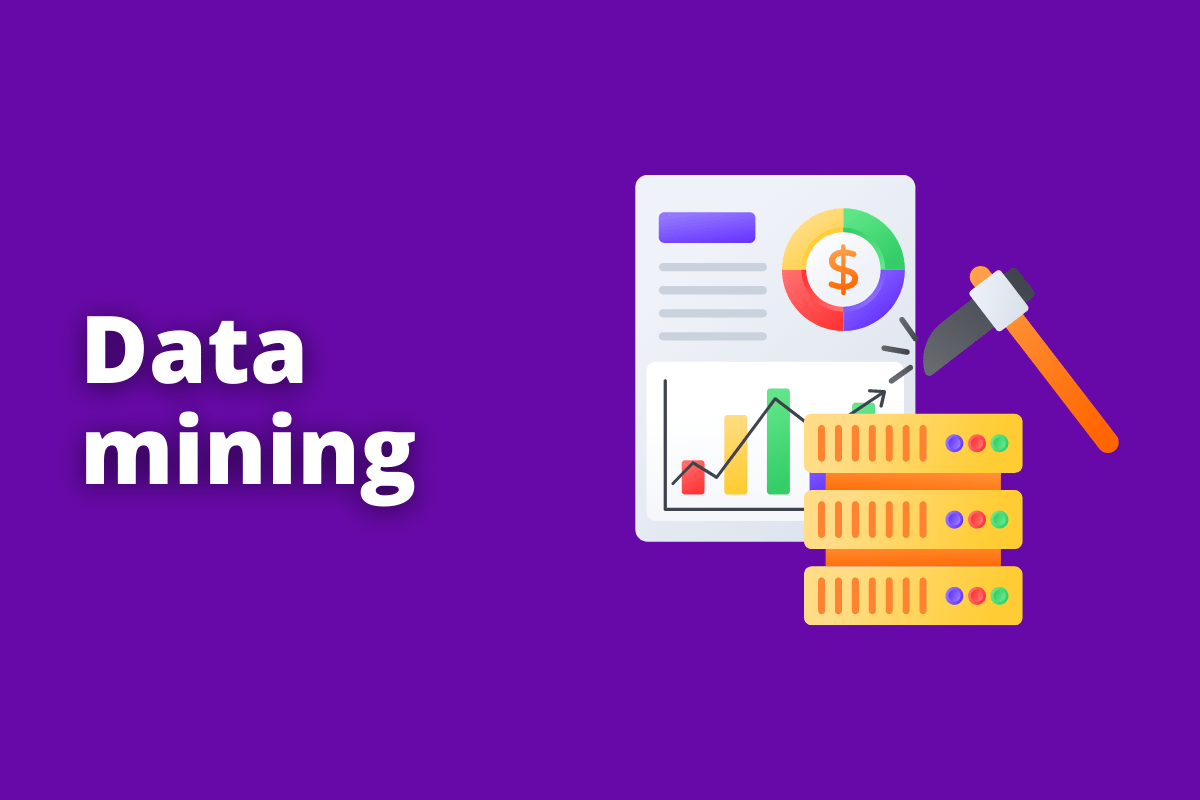 Montagem com fundo roxo e frase Data mining em branco à esquerda e símbolo web que representa o tema à direita