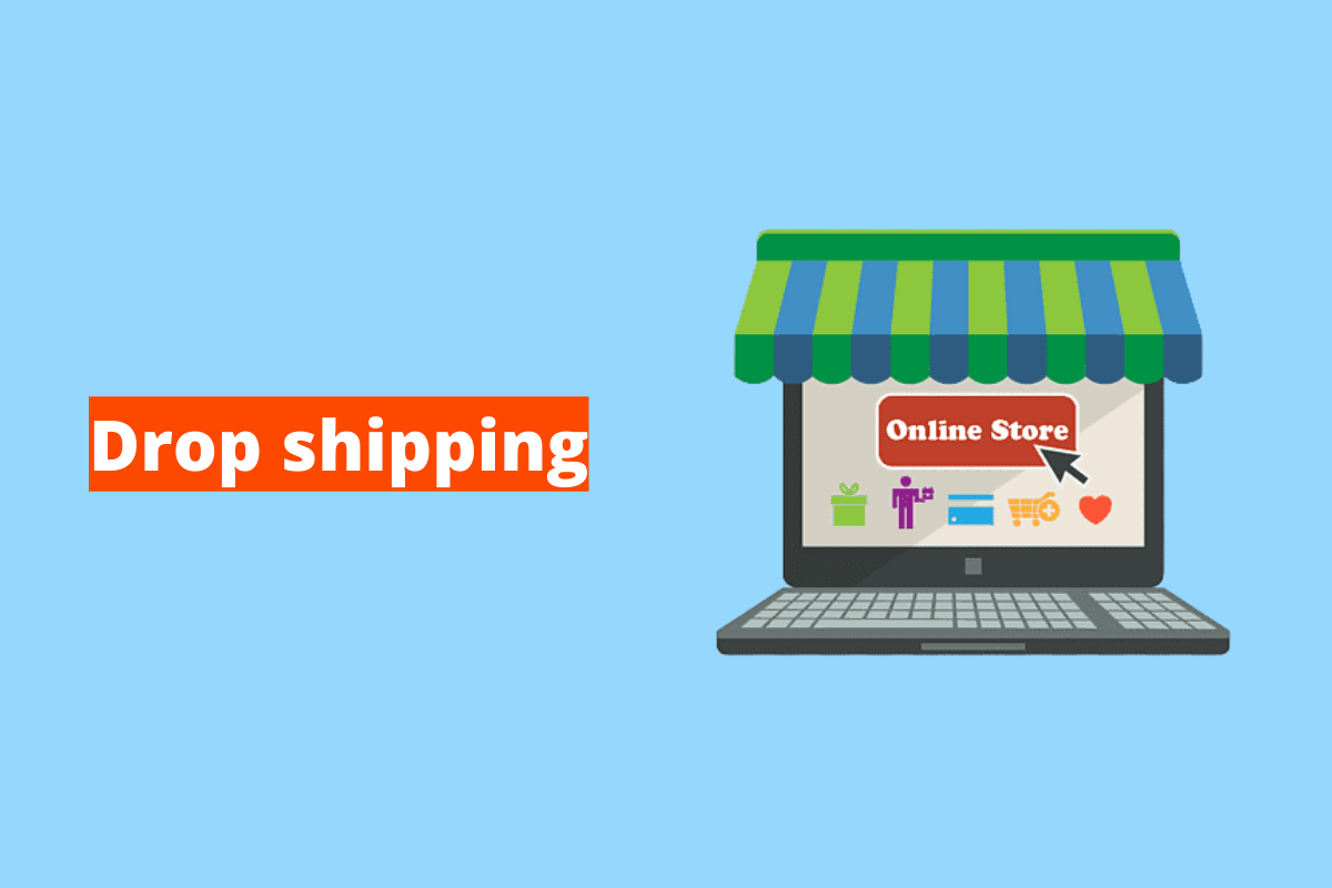 Montagem com fundo azul e nome Dropshipping em branco à esquerda com fundo laranja e símbolo web que representa o tema à direita