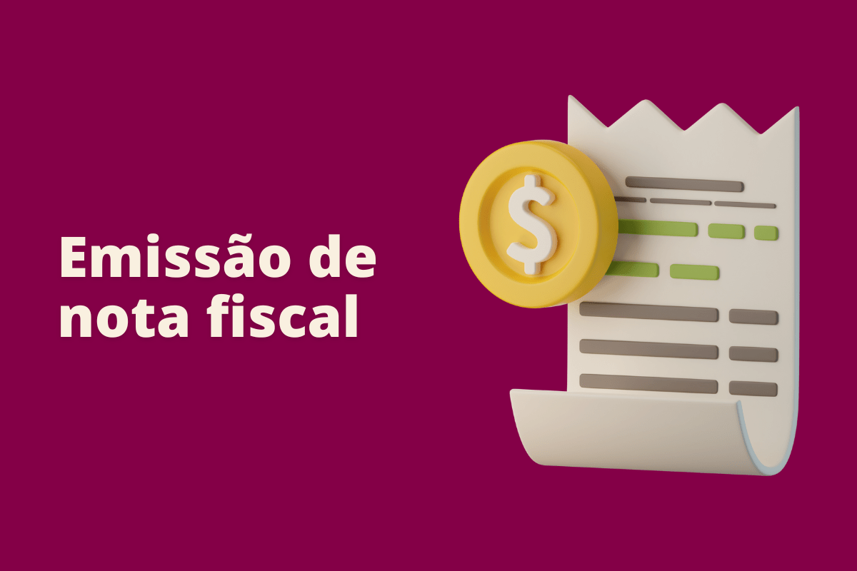 Montagem com fundo vinho e frase Emissão de nota fiscal em branco à esquerda e símbolo web que representa o tema à direita