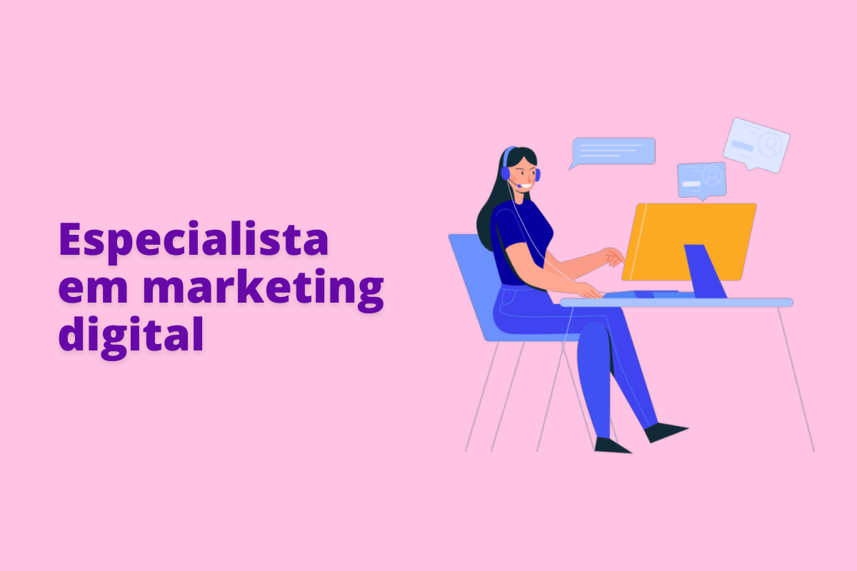 Montagem com fundo rosa e frase Especialista em marketing digital em roxo à esquerda e símbolo web que representa o tema à direita