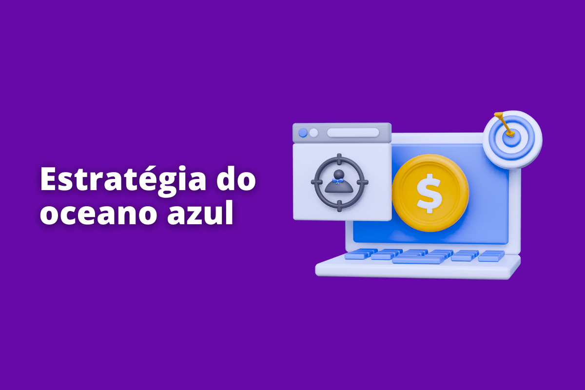 Montagem com fundo roxo e frase Estratégia do oceano azul em branco à esquerda e foto do mesmo à direita