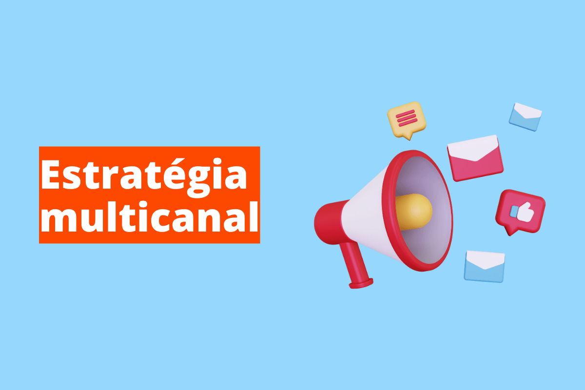 Montagem com fundo azul e frase Estratégia multicanal em branco à esquerda com fundo laranja e símbolo web que representa o tema à direita