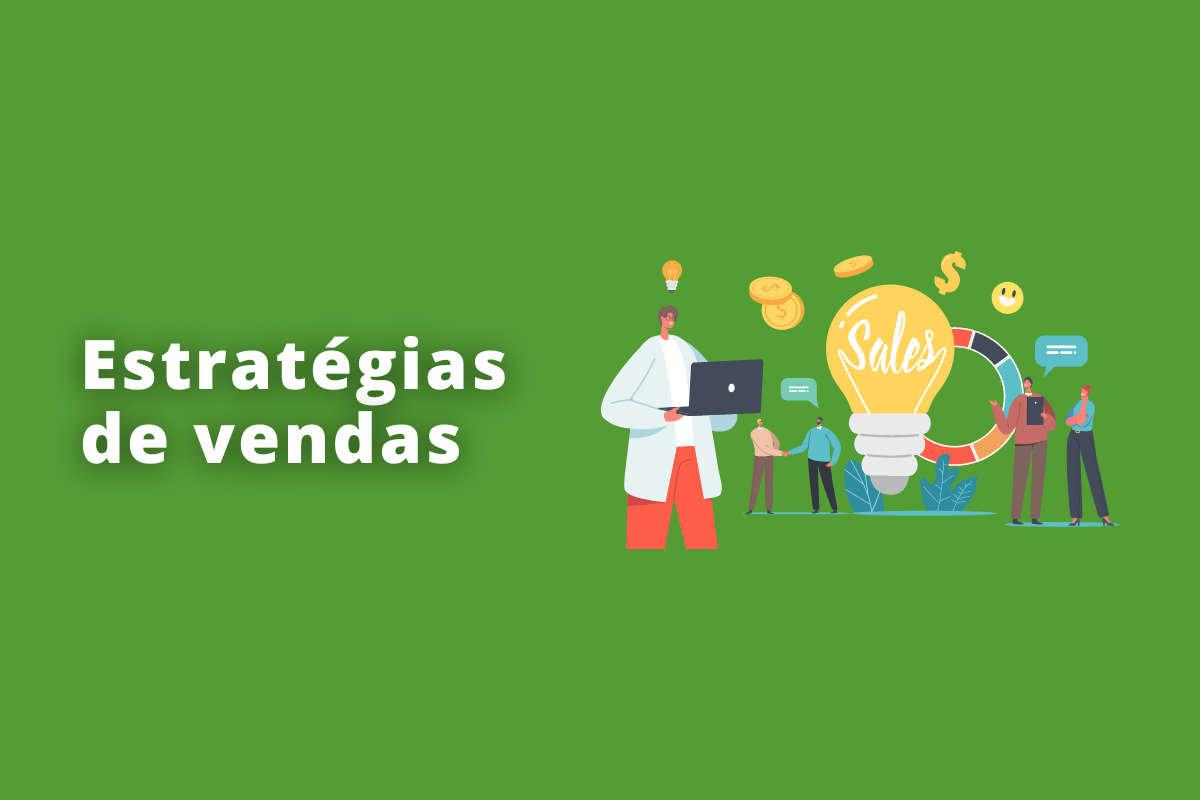 Montagem com fundo verde e frase Estratégias de vendas em branco à esquerda e símbolo web que representa o tema à direita
