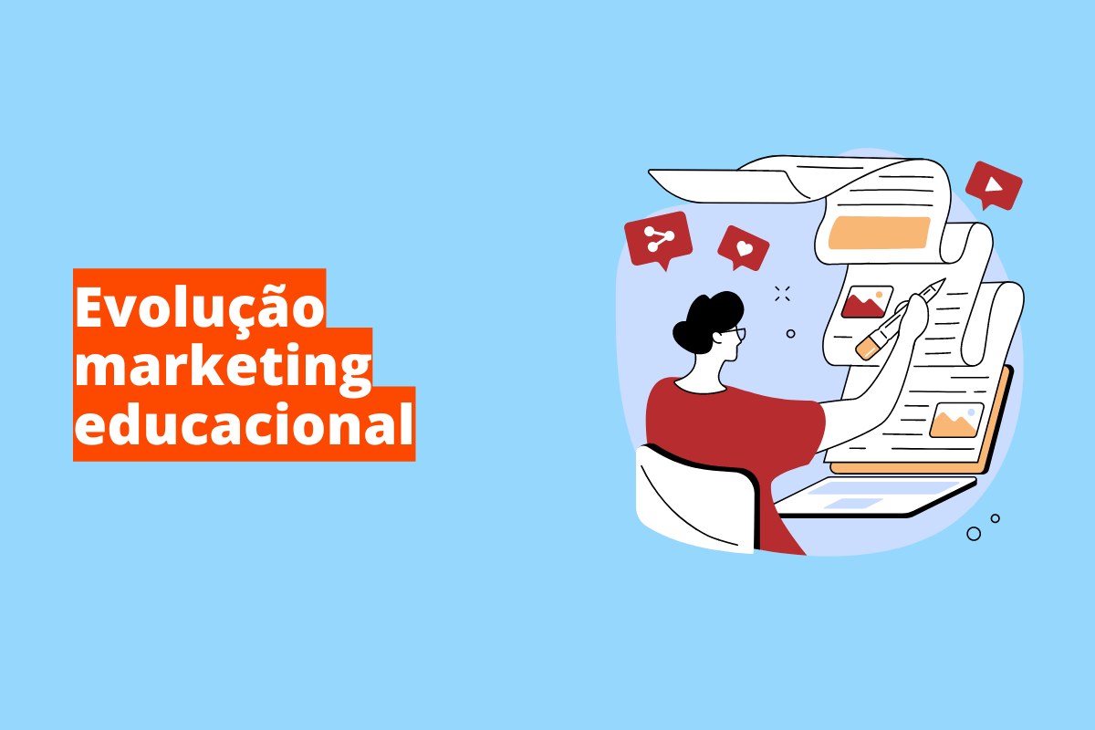 Montagem com fundo azul e frase Evolução marketing educacional em branco à esquerda com fundo laranja e símbolo web que representa o tema à direita
