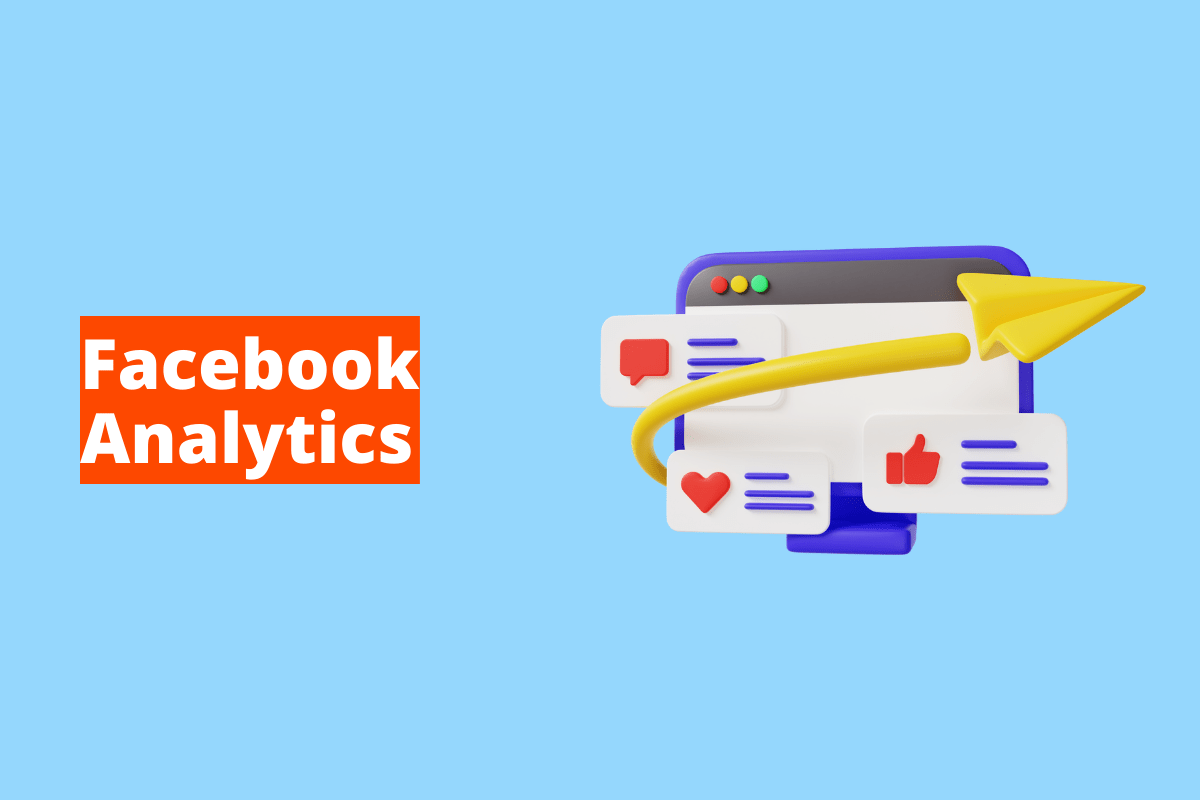Montagem com fundo azul e frase Facebook Analytics em branco à esquerda com fundo laranja e símbolo web que representa o tema à direita