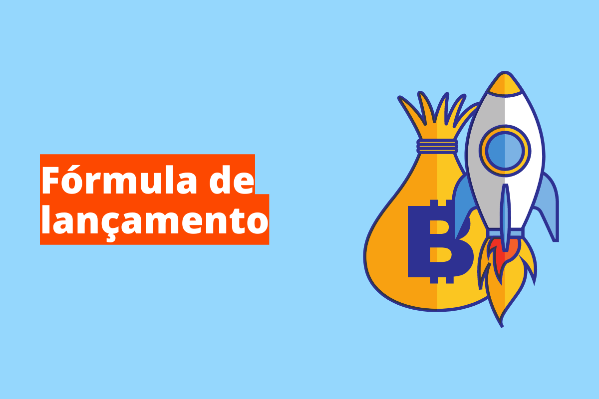 Montagem com fundo azul e frase Fórmula de lançamento em branco à esquerda com fundo laranja e símbolo web que representa o tema à direita