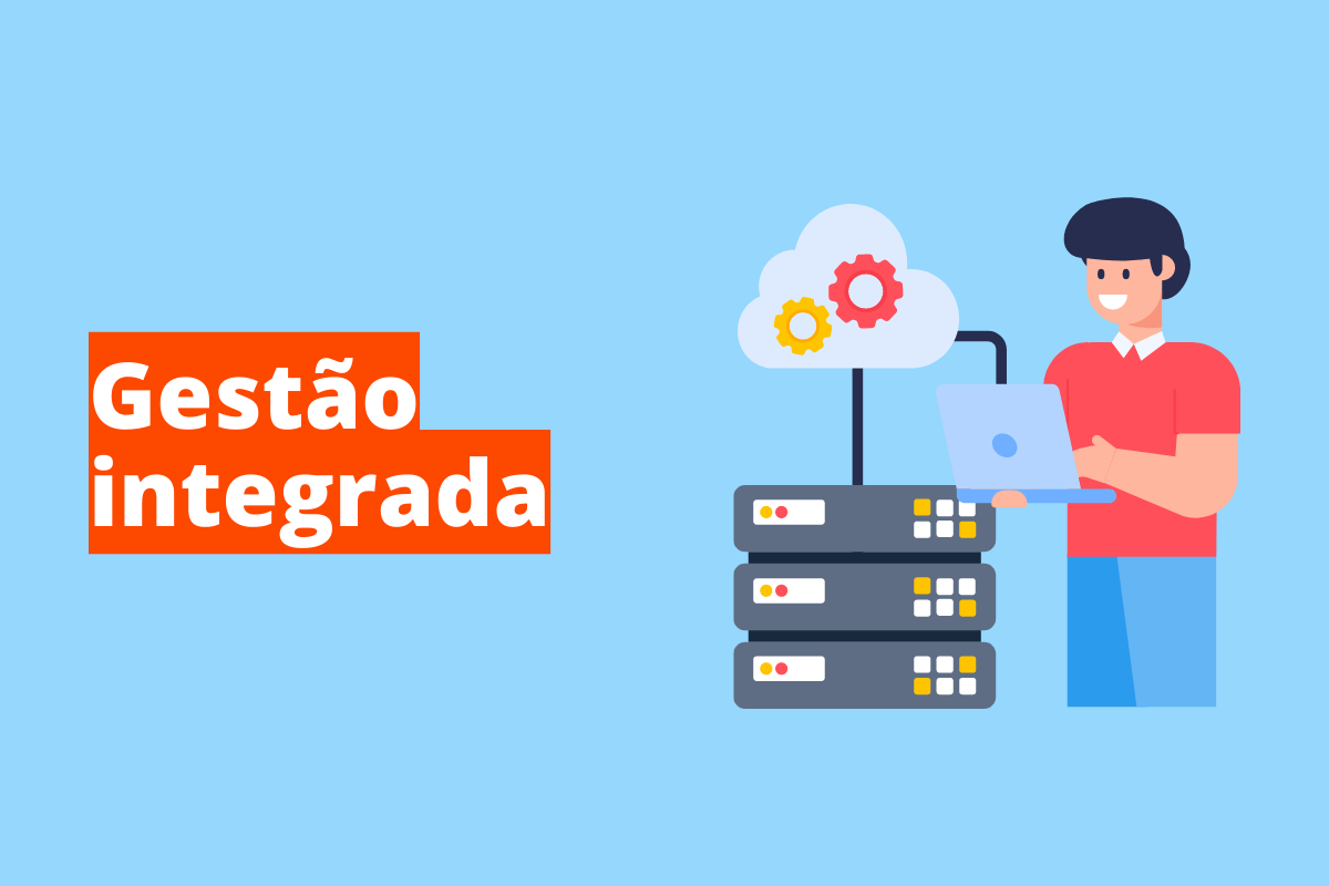 Montagem com fundo azul e frase Gestão integrada em branco à esquerda com fundo laranja e símbolo web que representa o tema à direita