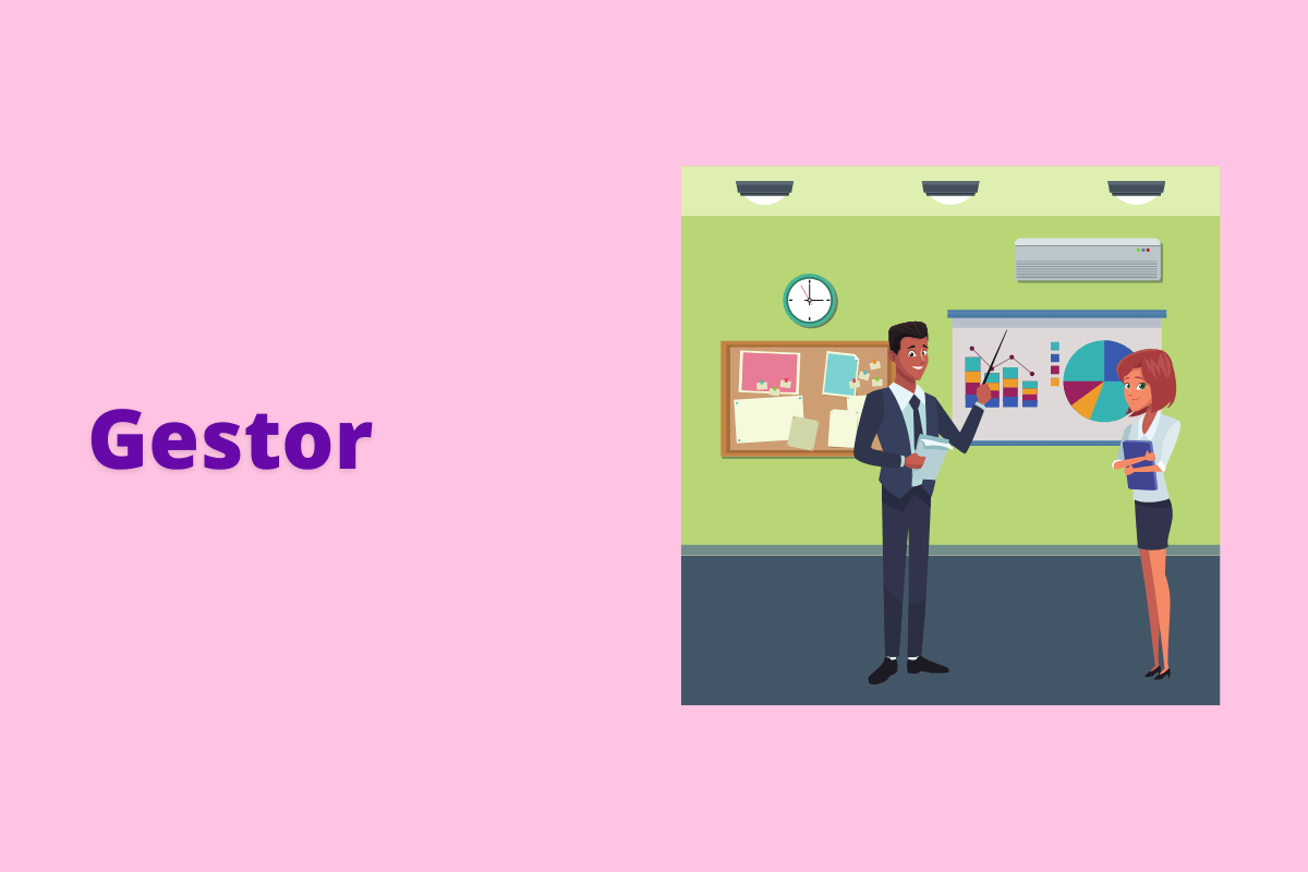 Montagem com fundo rosa e título Gestor em roxo à esquerda e símbolo web que representa o tema à direita