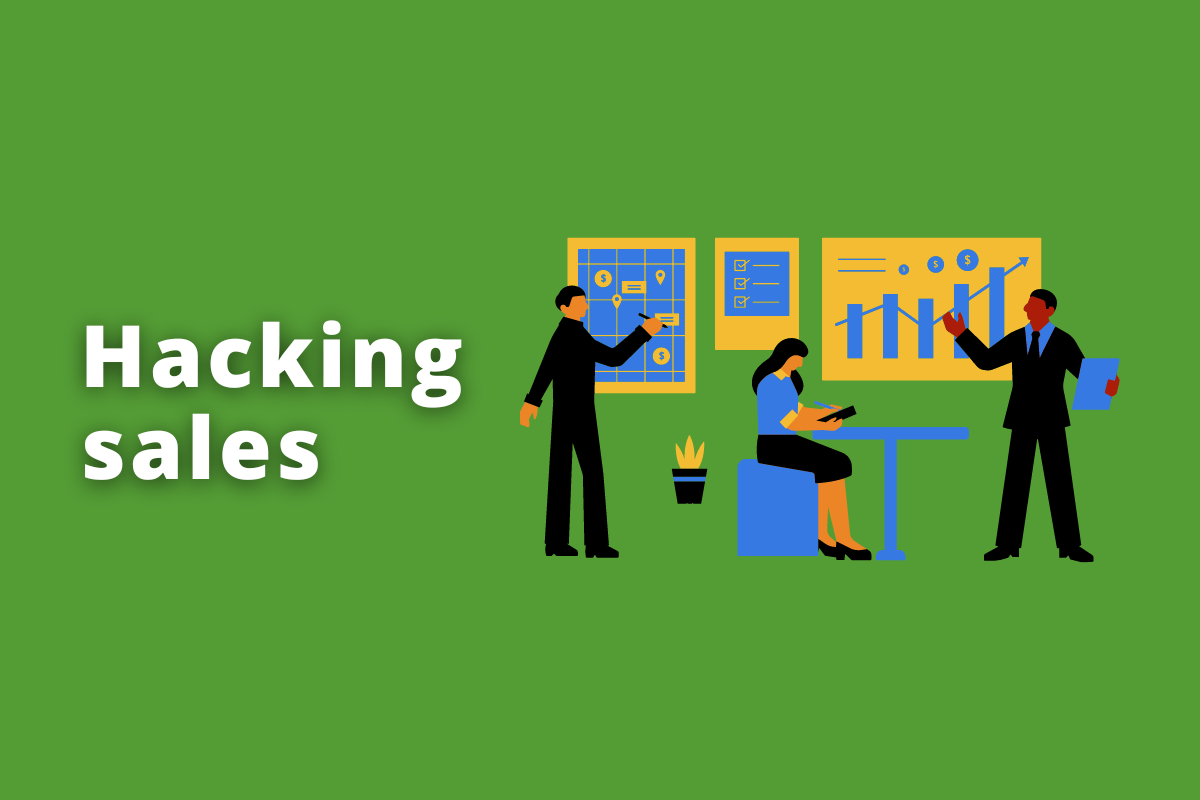 Montagem com fundo verde e frase Hacking sales em branco à esquerda e símbolo web que representa o tema à direita
