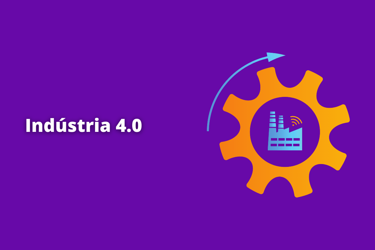 Montagem com fundo roxo e termo Indústria 4.0 em branco à esquerda e foto do mesmo à direita