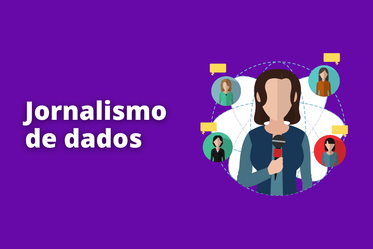 Montagem com fundo roxo e frase Jornalismo de dados em branco à esquerda e foto do mesmo à direita
