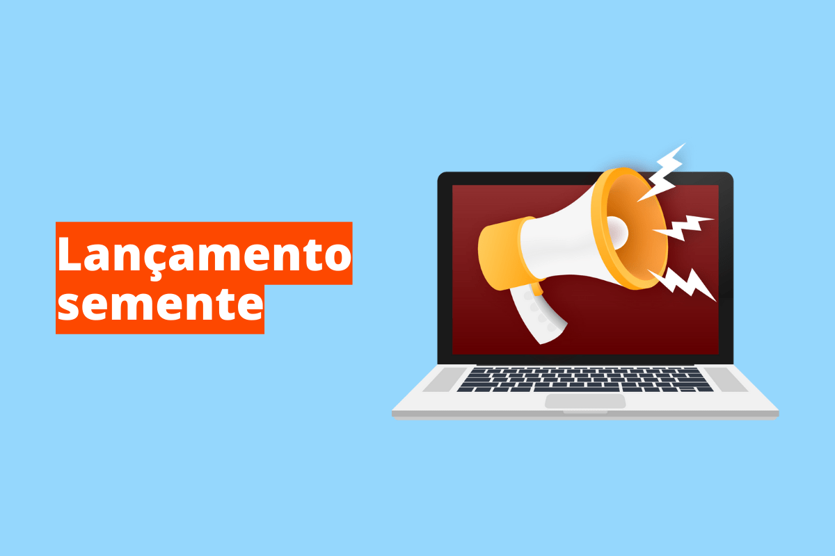 Montagem com fundo azul e frase Lançamento semente em branco à esquerda com fundo laranja e símbolo web que representa o tema à direita
