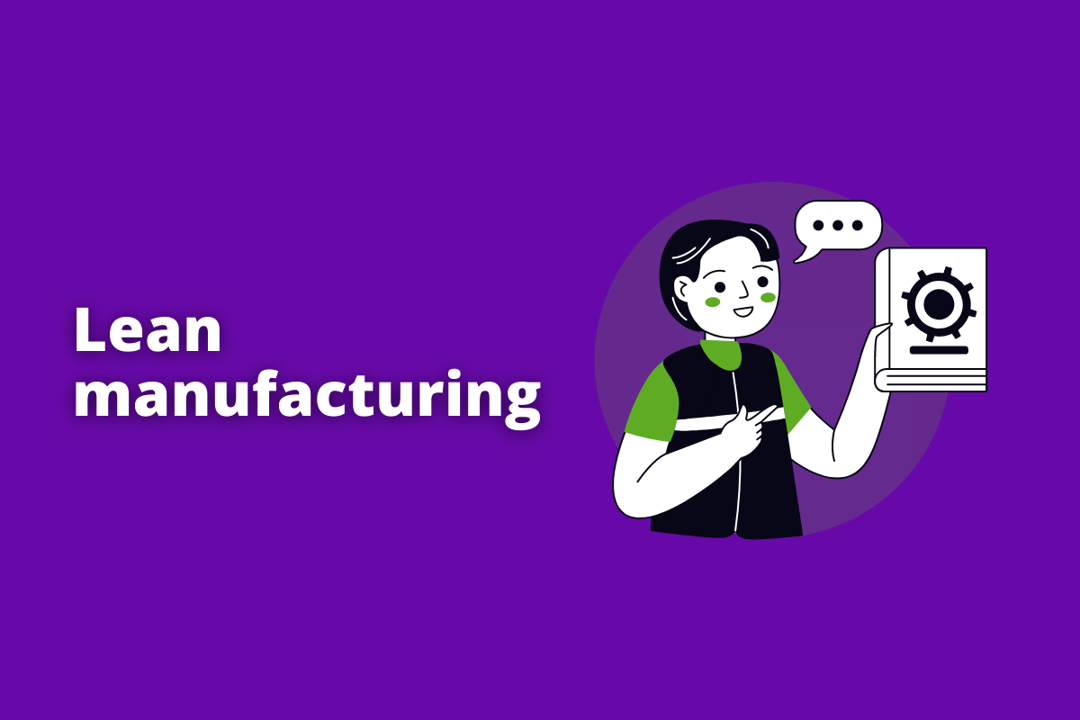 Montagem com fundo roxo e frase Lean manufacturing em branco à esquerda e foto do mesmo à direita