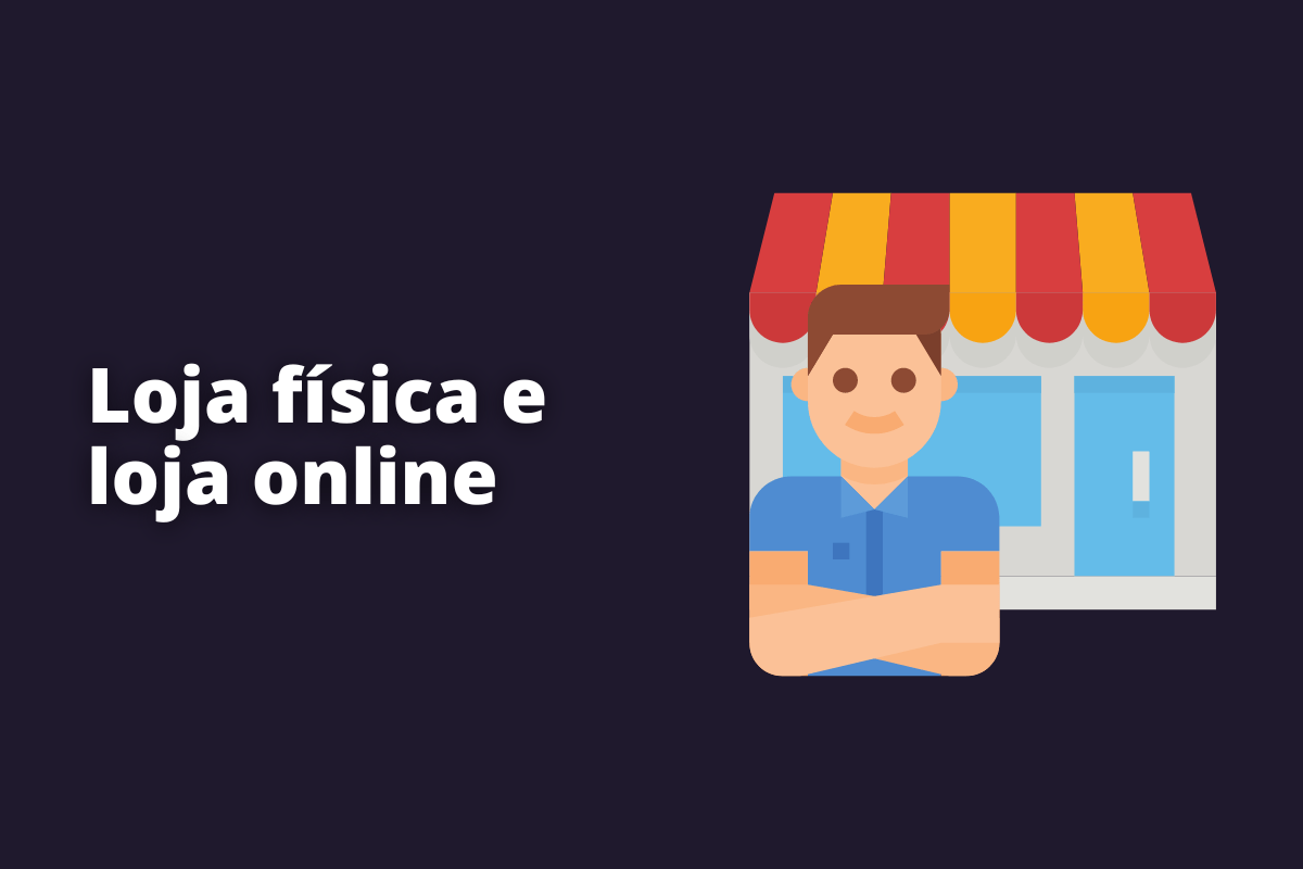 Montagem com fundo preto e frase Loja física e loja online em branco com símbolo web à direita que representa o tema