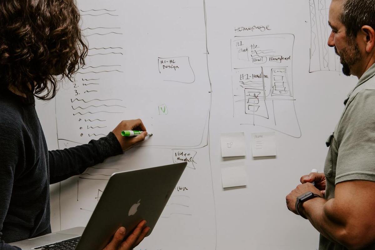 Planejamento: Mailify Homem e mulher fazendo planejamento em quadro branco com pincel atômico preto e alguns post-its colados, com mulher anotando algo em prancheta