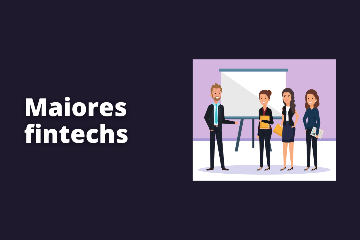 Montagem com fundo preto e frase Maiores fintechs em branco com símbolo web à direita que representa o tema