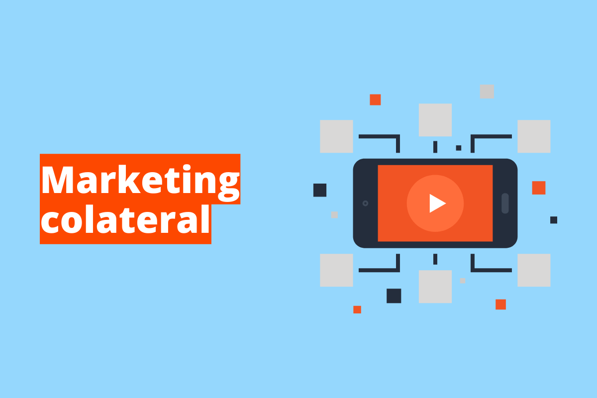 Montagem com fundo azul e frase Marketing Colateral em branco à esquerda com fundo laranja e símbolo web que representa o tema à direita