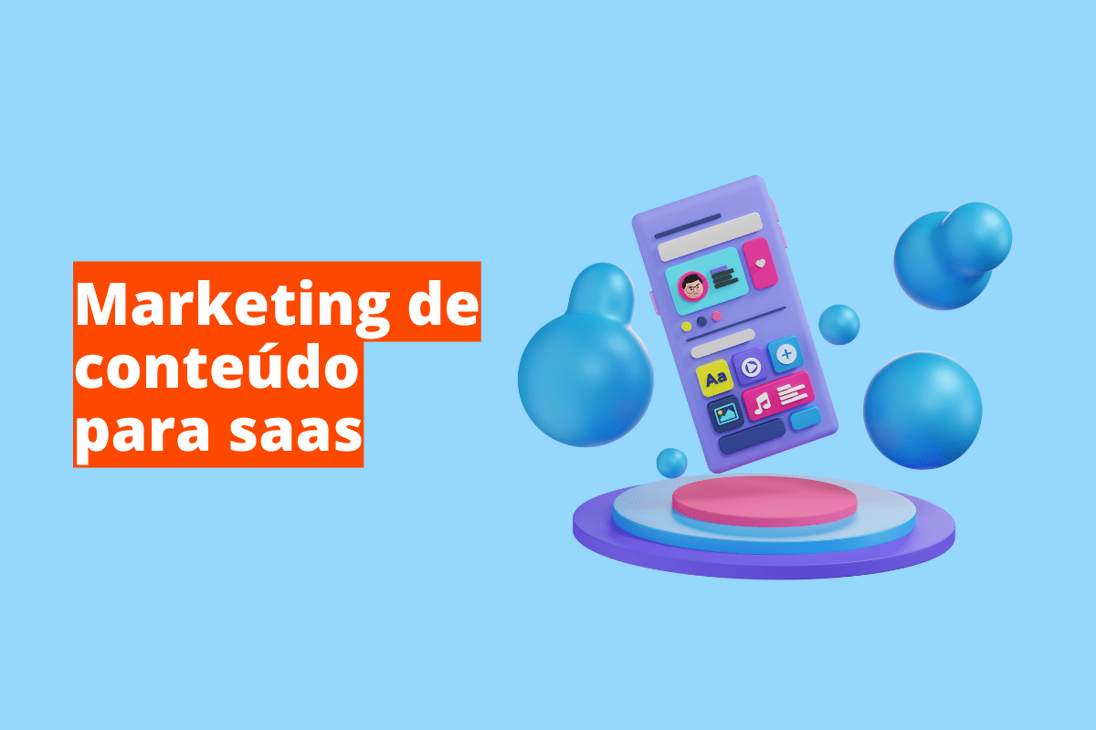 Montagem com fundo azul e frase Marketing de conteúdo para SaaS em branco à esquerda com fundo laranja e símbolo web que representa o tema à direita