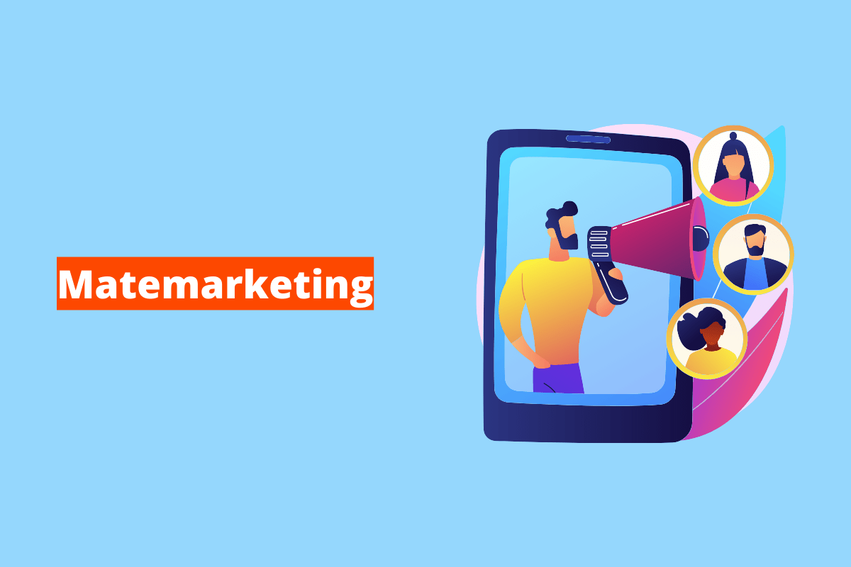 Montagem com fundo azul e termo Matemarketing em branco à esquerda com fundo laranja e símbolo web que representa o tema à direita