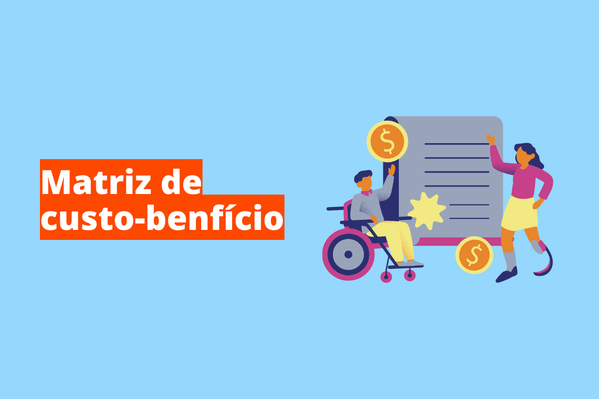 Montagem com fundo azul e frase Matriz de custo-benefício em branco à esquerda com fundo laranja e símbolo web que representa o tema à direita